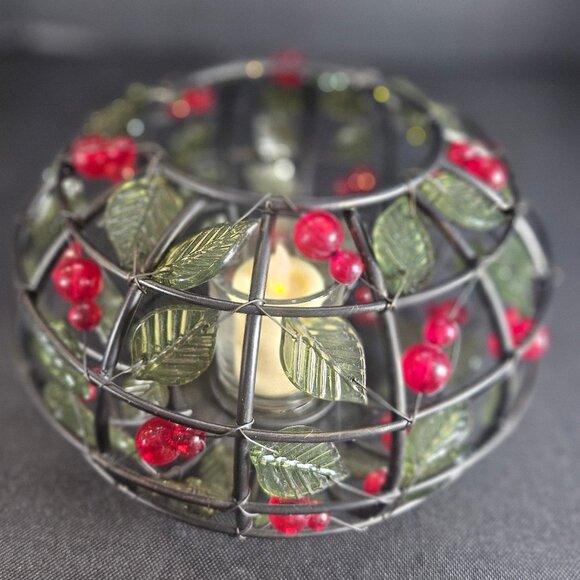 Black Metal With Green Glass Leaves And Red Berries Votive Candle Holder Kohls - Picture 3 of 11